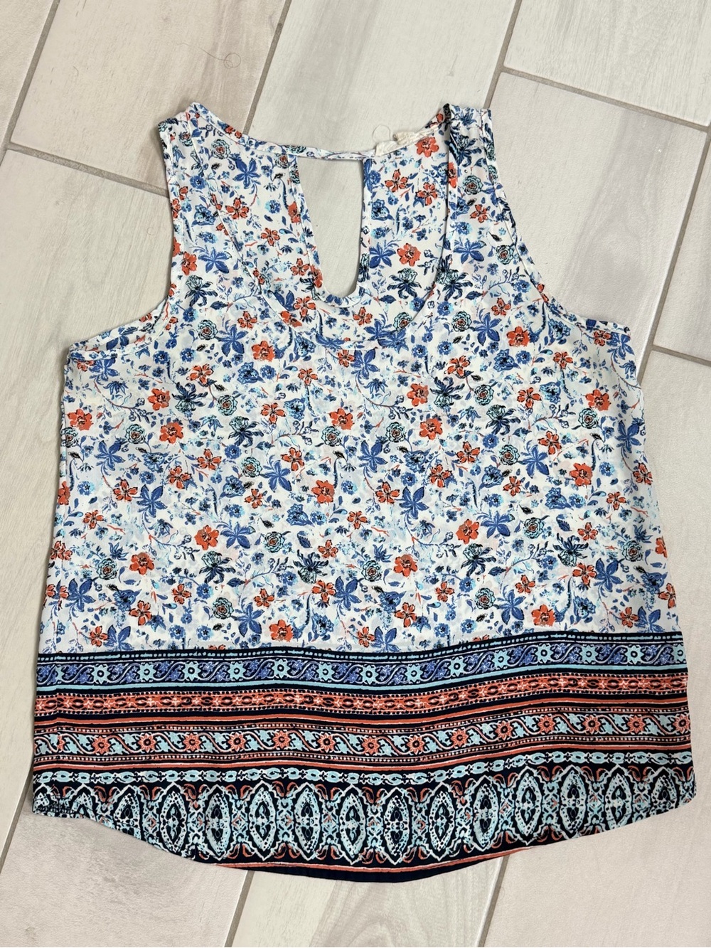 Sleeveless White Floral Print Tank Top with Blue & Orange Border